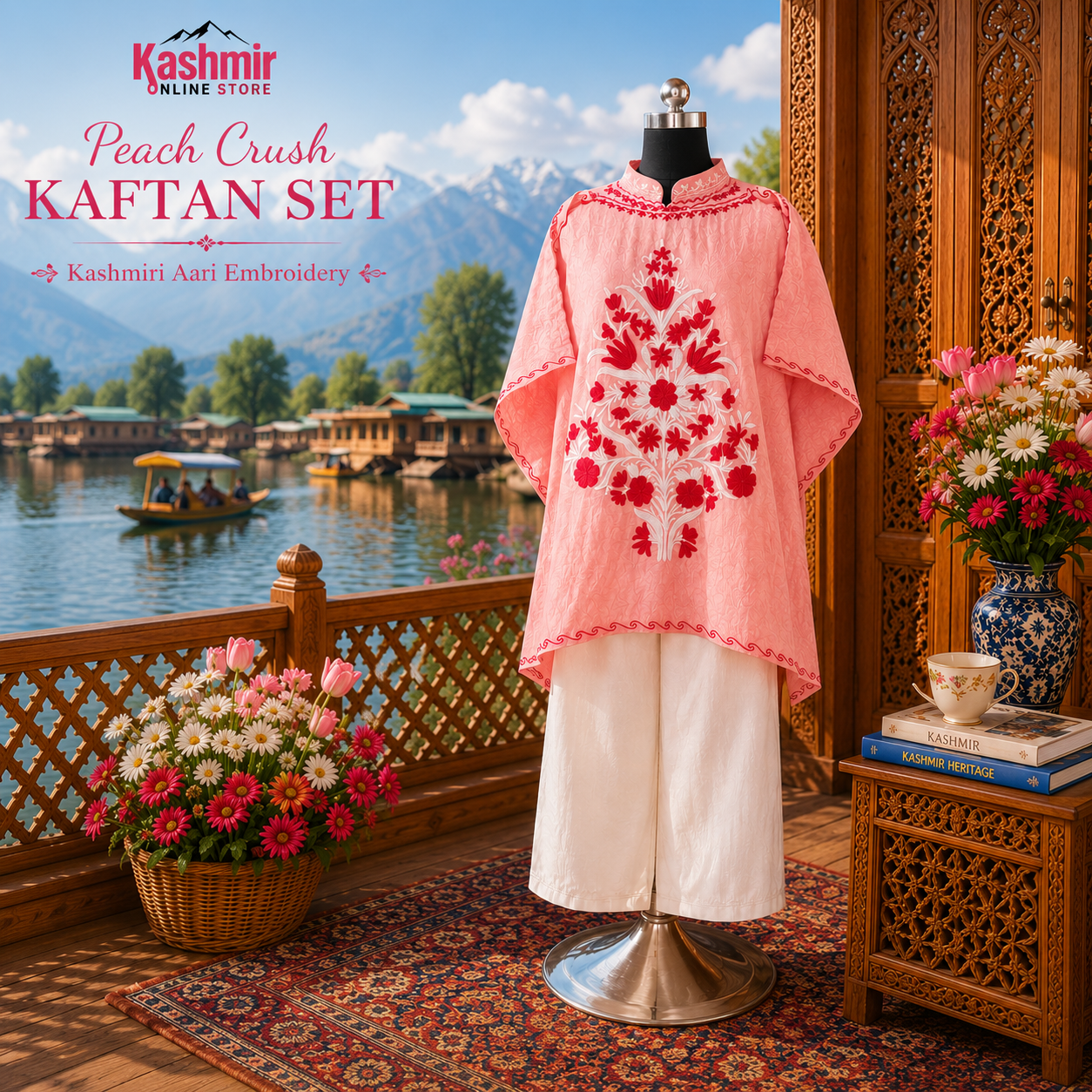 Peach Crush Kashmiri Short Kaftan Set for Women | Machine Embroidered with Matching Bottom