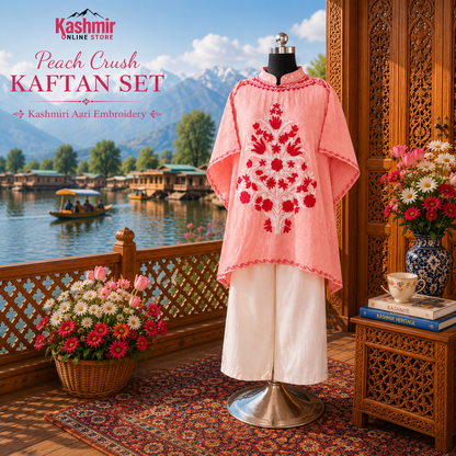 Peach Crush Kashmiri Short Kaftan Set for Women | Machine Embroidered with Matching Bottom
