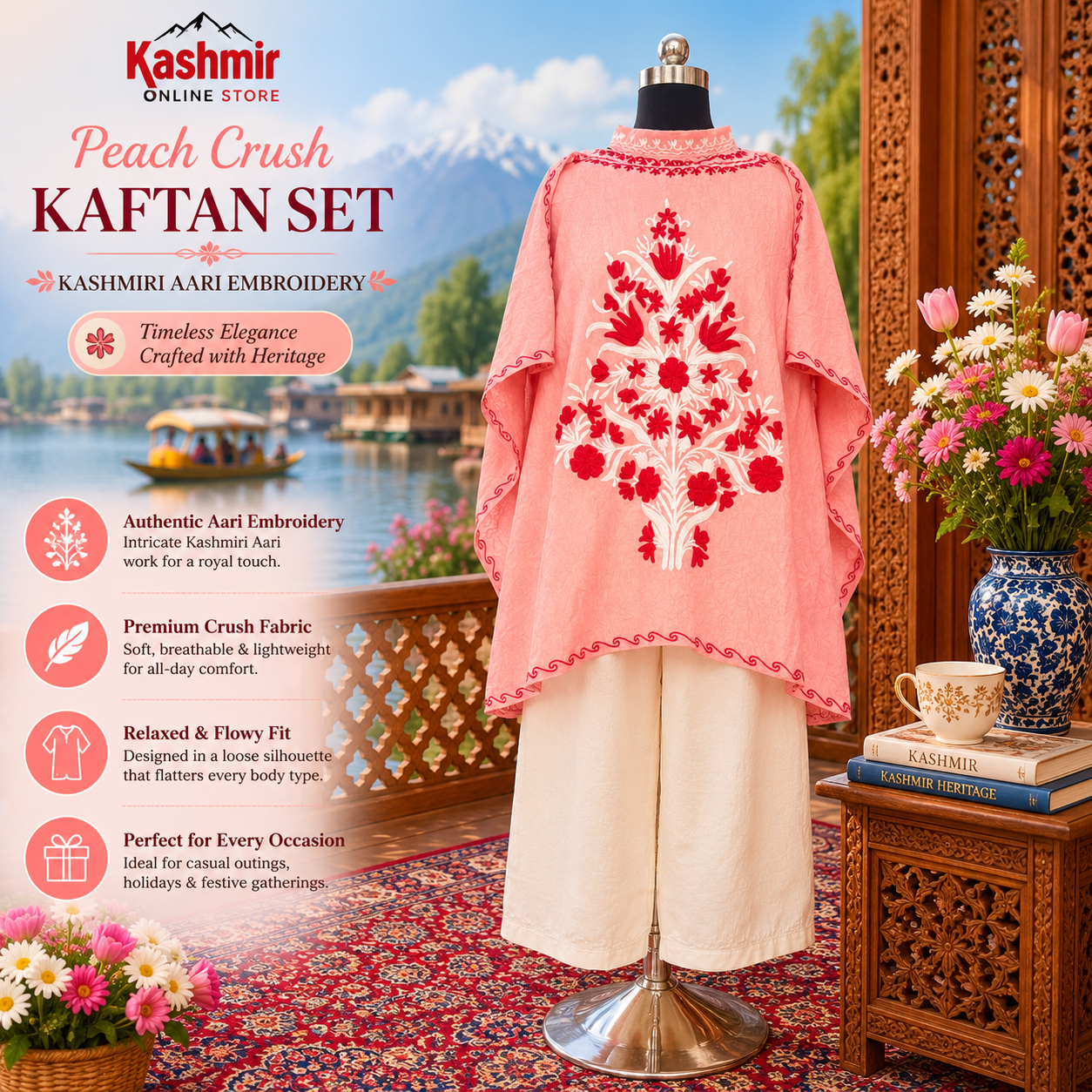 Peach Crush Kashmiri Short Kaftan Set for Women | Machine Embroidered with Matching Bottom