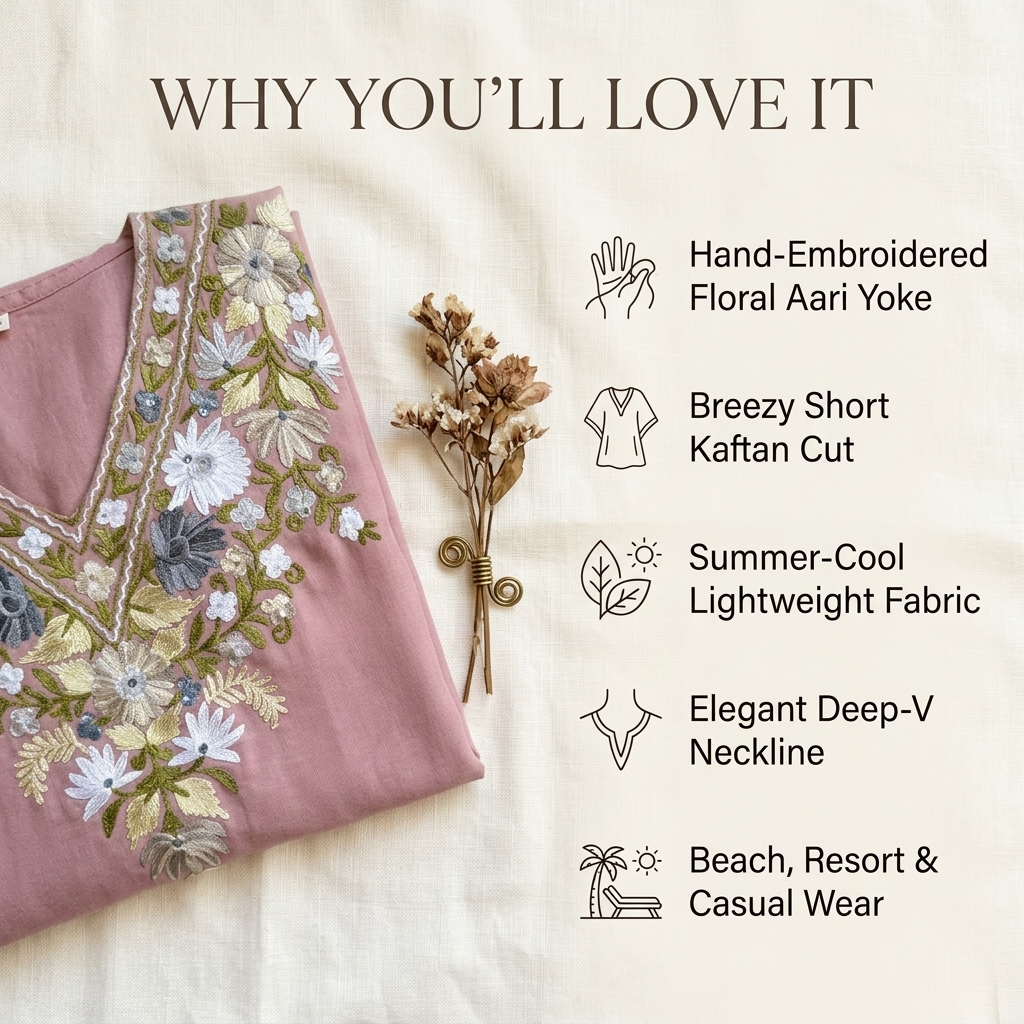 Dusty Rose Kashmiri Short Kaftan for Women | Machine Embroidered Summer Cool