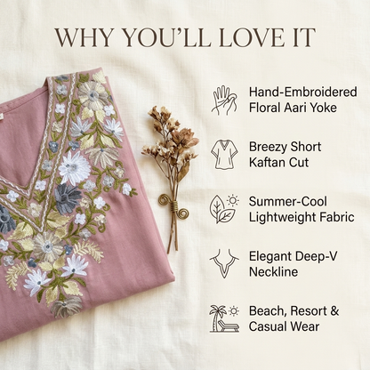 Dusty Rose Kashmiri Short Kaftan for Women | Machine Embroidered Summer Cool