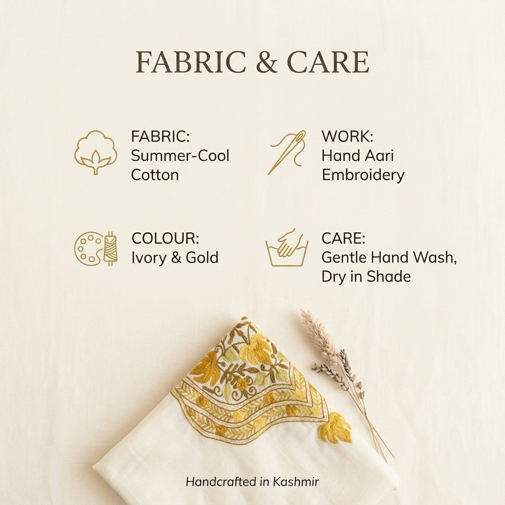 Ivory Gold Kashmiri Long Kaftan for Women | Machine Embroidered Summer Cool