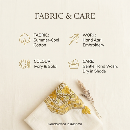 Ivory Gold Kashmiri Long Kaftan for Women | Machine Embroidered Summer Cool