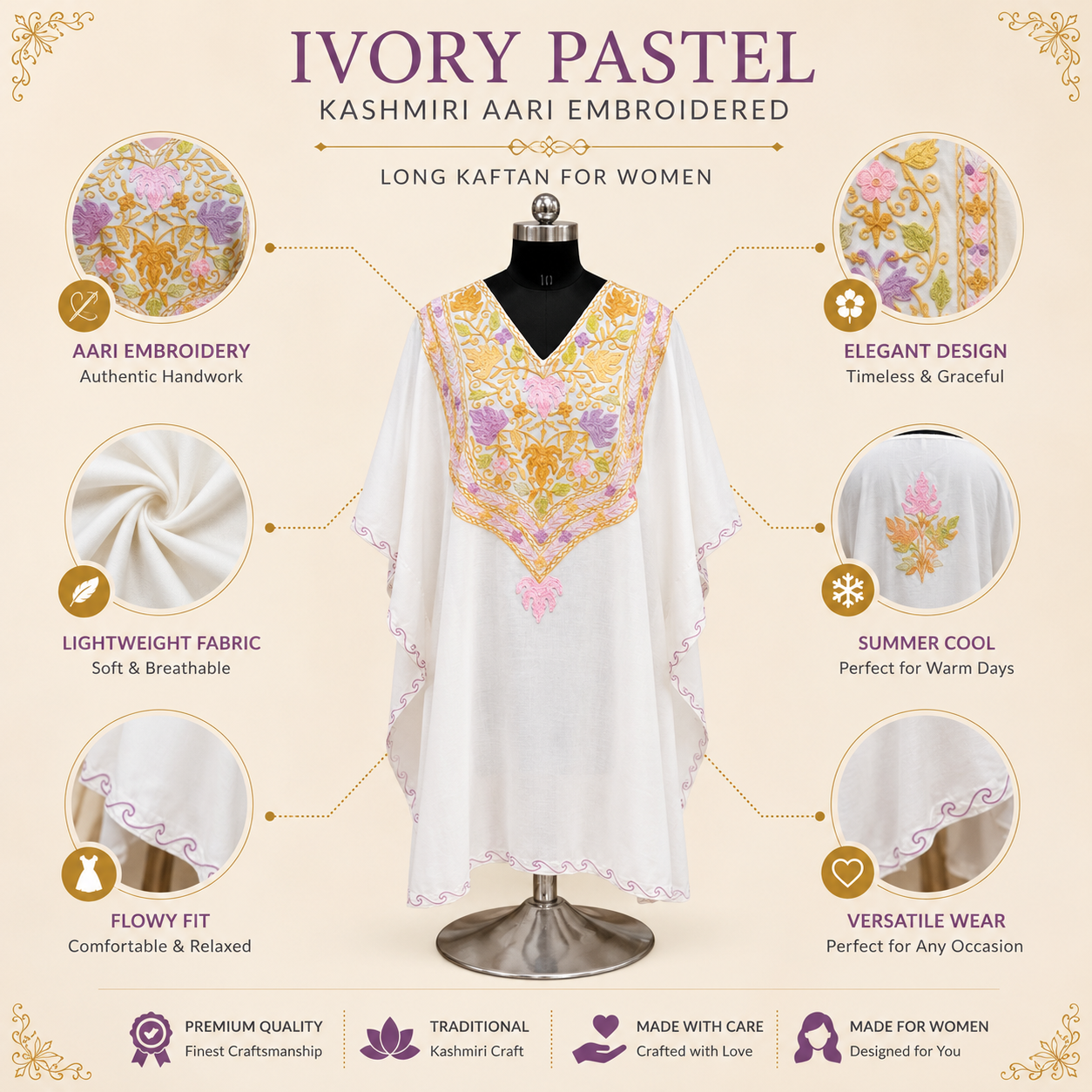 Ivory Pastel Kashmiri Long Kaftan for Women | Machine Embroidered Summer Cool