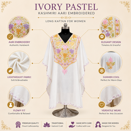 Ivory Pastel Kashmiri Long Kaftan for Women | Machine Embroidered Summer Cool