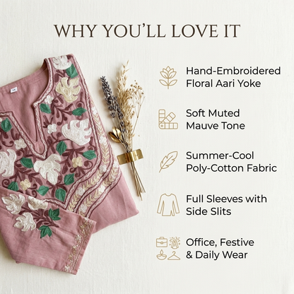 Mauve Kashmiri Long Kurti – Floral Machine Embroidery | Summer Cotton