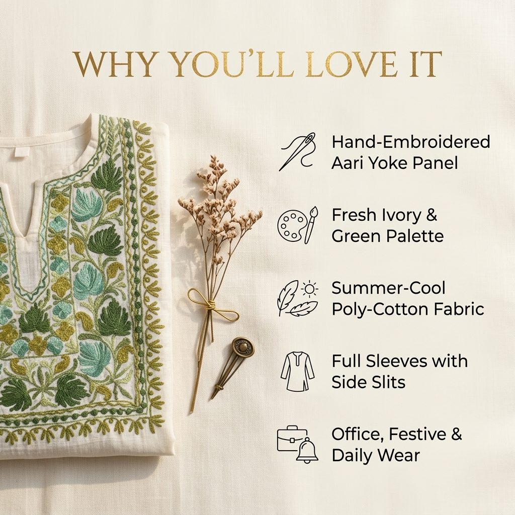 Off-White Kashmiri Short Kurti for Women — Machine Embroidered Designer Kurti