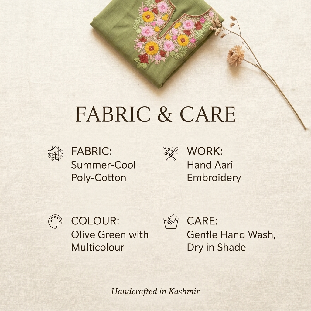Olive Green Kashmiri Long Kurti – Multicolor Floral | Summer Cotton