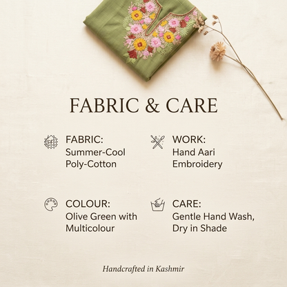 Olive Green Kashmiri Long Kurti – Multicolor Floral | Summer Cotton