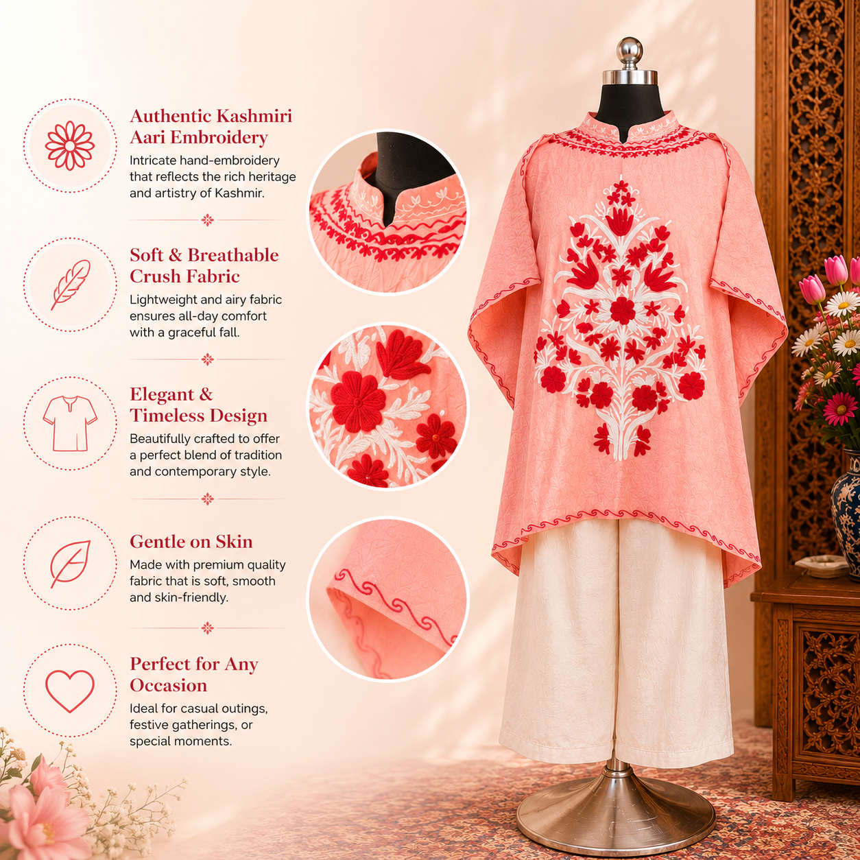 Peach Crush Kashmiri Short Kaftan Set for Women | Machine Embroidered with Matching Bottom
