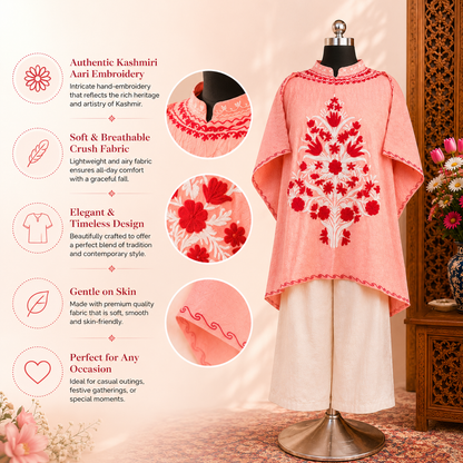 Peach Crush Kashmiri Short Kaftan Set for Women | Machine Embroidered with Matching Bottom