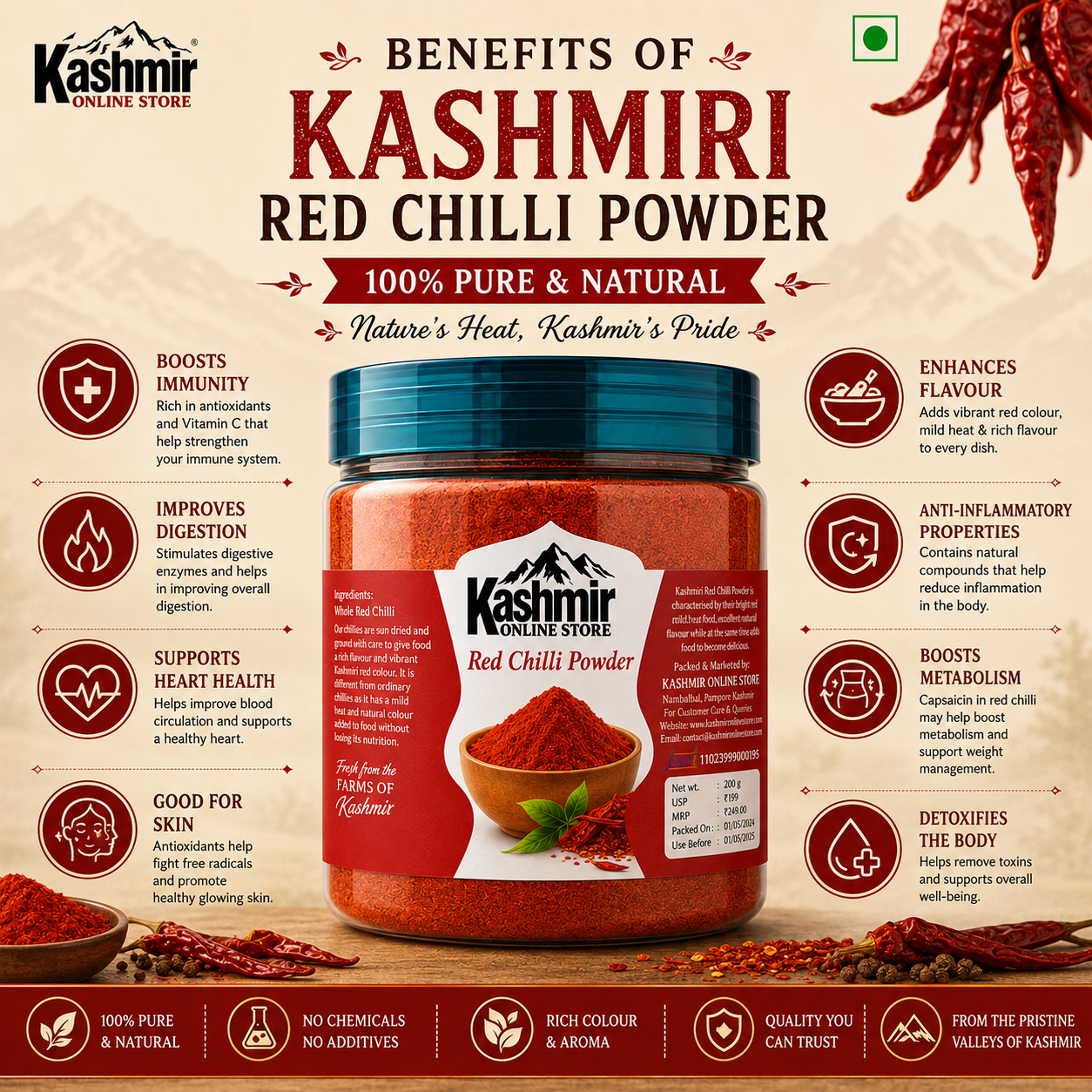 Kashmiri Red Chilli Powder | Authentic, Natural Color
