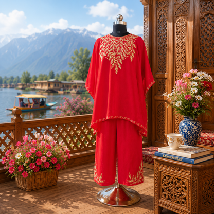 Red Tilla Crush Kashmiri Kaftan Set for Women | Machine Embroidered with Matching Bottom