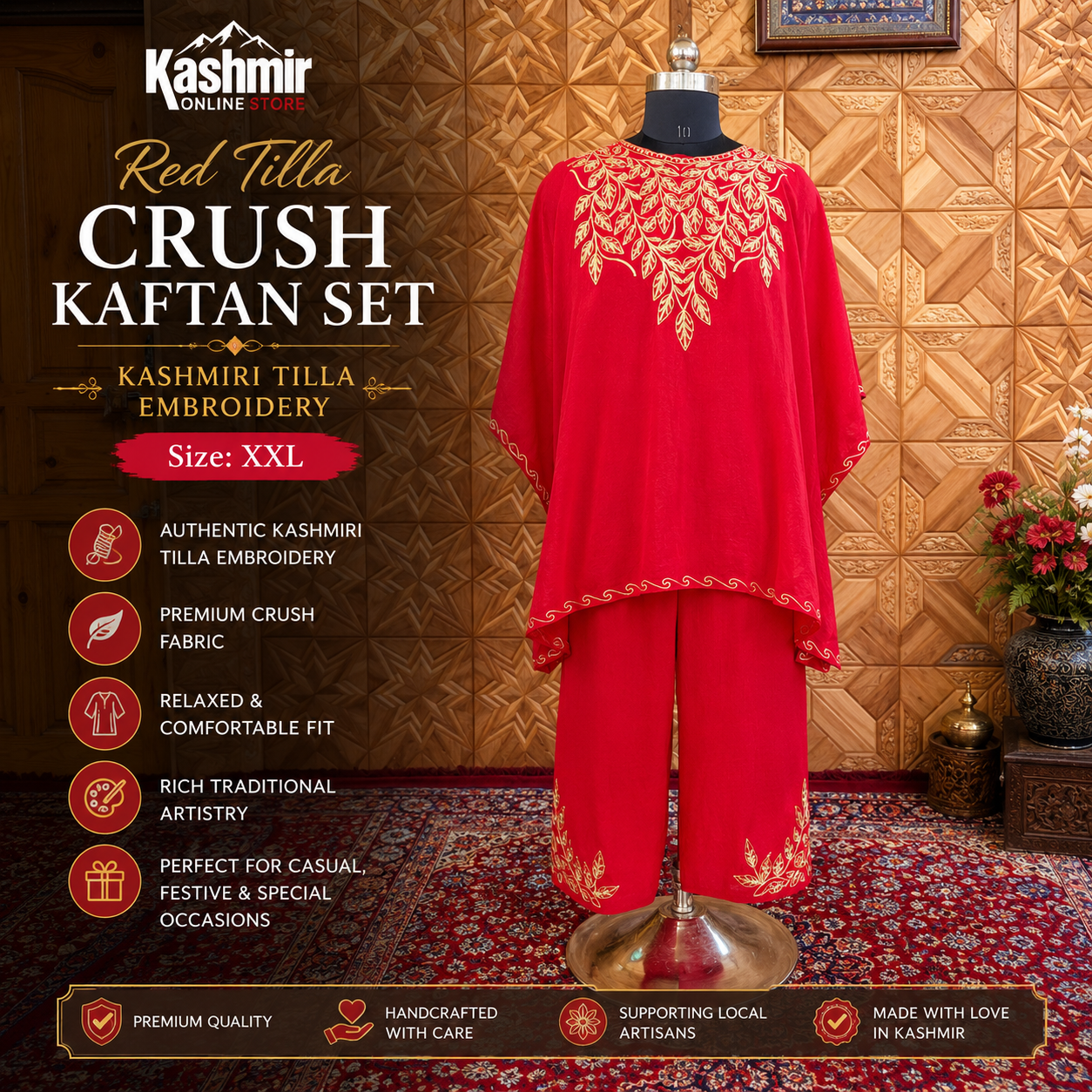 Red Tilla Crush Kashmiri Kaftan Set for Women | Machine Embroidered with Matching Bottom