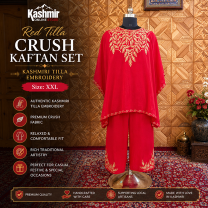 Red Tilla Crush Kashmiri Kaftan Set for Women | Machine Embroidered with Matching Bottom