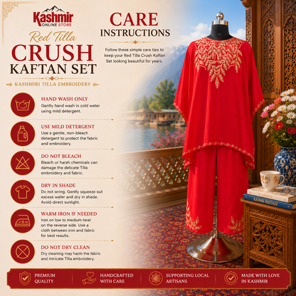 Red Tilla Crush Kashmiri Kaftan Set for Women | Machine Embroidered with Matching Bottom