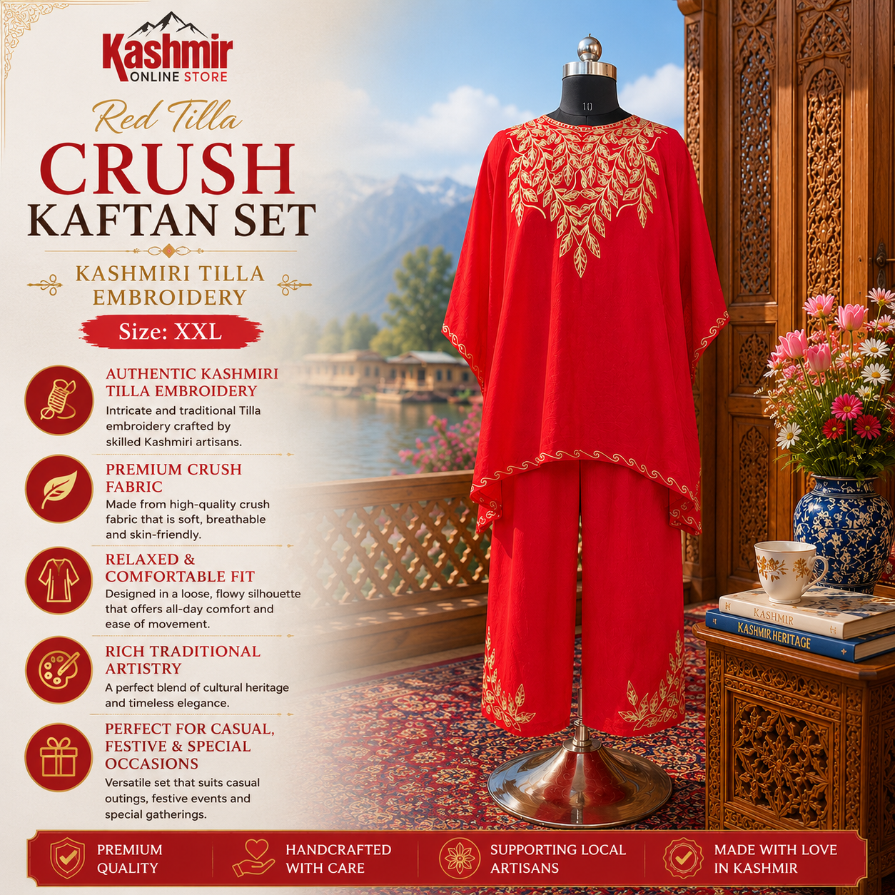 Red Tilla Crush Kashmiri Kaftan Set for Women | Machine Embroidered with Matching Bottom