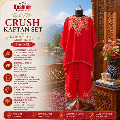 Red Tilla Crush Kashmiri Kaftan Set for Women | Machine Embroidered with Matching Bottom