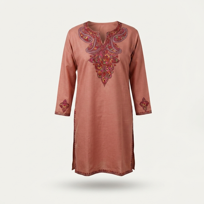 Rose Peach Kashmiri Needlework Long Kurti – Multicolor Paisley Sozni | Cotton