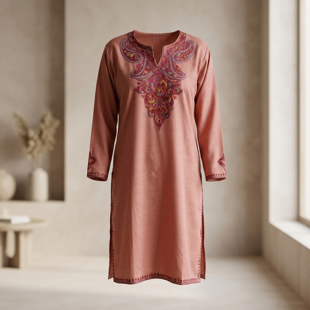 Rose Peach Kashmiri Needlework Long Kurti – Multicolor Paisley Sozni | Cotton