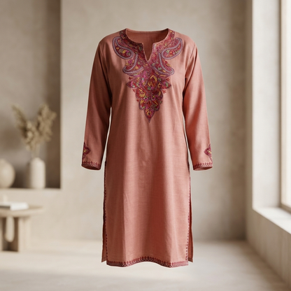 Rose Peach Kashmiri Needlework Long Kurti – Multicolor Paisley Sozni | Cotton