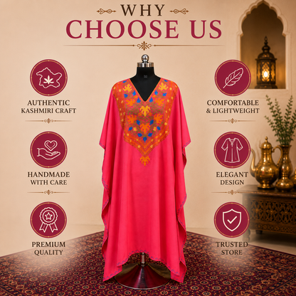Rose Pink Kashmiri Long Kaftan for Women | Machine Embroidered Summer Cool