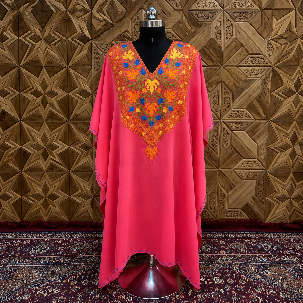 Rose Pink Kashmiri Long Kaftan for Women | Machine Embroidered Summer Cool
