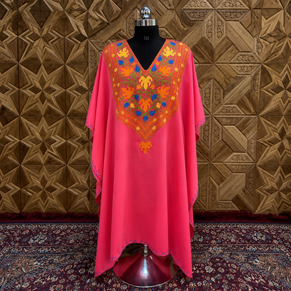 Rose Pink Kashmiri Long Kaftan for Women | Machine Embroidered Summer Cool