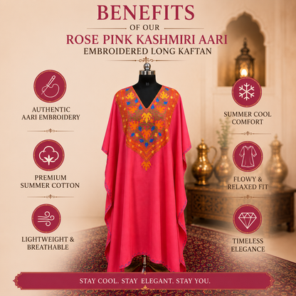 Rose Pink Kashmiri Long Kaftan for Women | Machine Embroidered Summer Cool