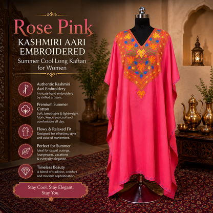 Rose Pink Kashmiri Long Kaftan for Women | Machine Embroidered Summer Cool