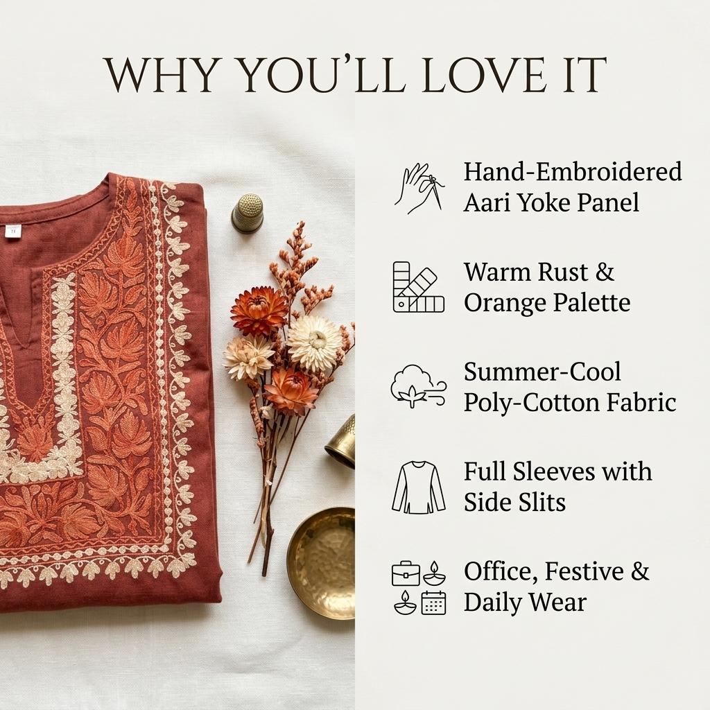 Rust Kashmiri Short Kurti for Women — Machine Embroidered Designer Kurti