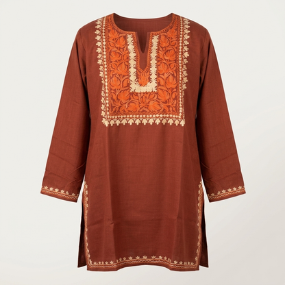 Rust Kashmiri Short Kurti for Women — Machine Embroidered Designer Kurti