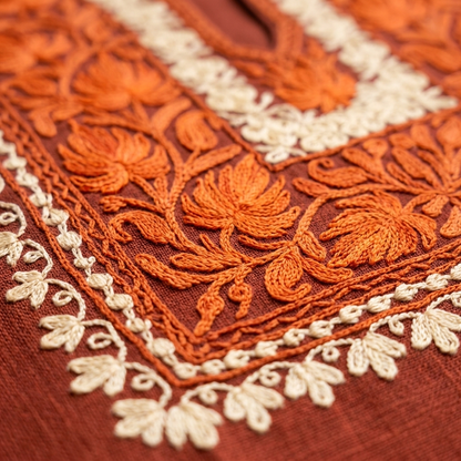 Rust Kashmiri Short Kurti for Women — Machine Embroidered Designer Kurti