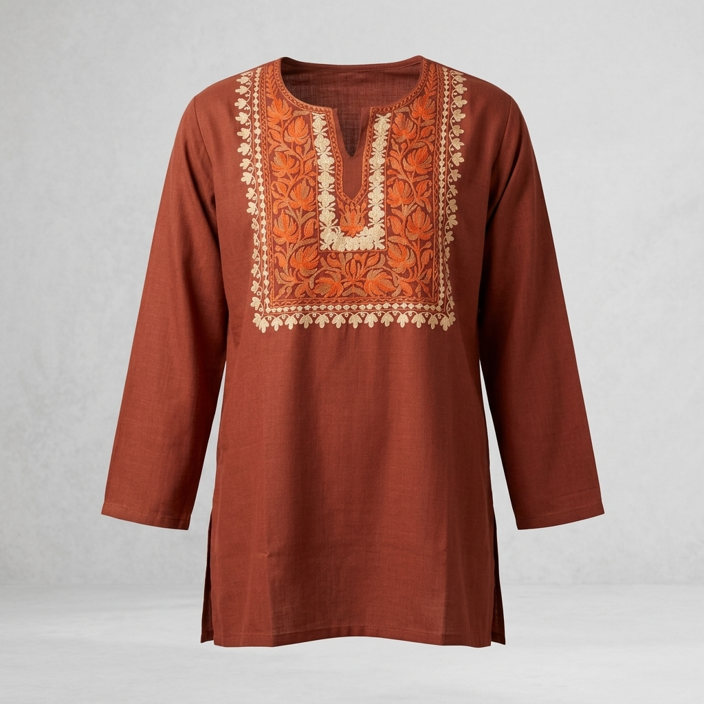 Rust Kashmiri Short Kurti for Women — Machine Embroidered Designer Kurti