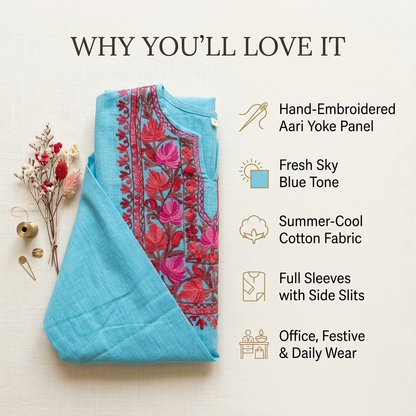 Sky Blue Kashmiri Short Kurti for Women — Machine Embroidered Designer Kurti
