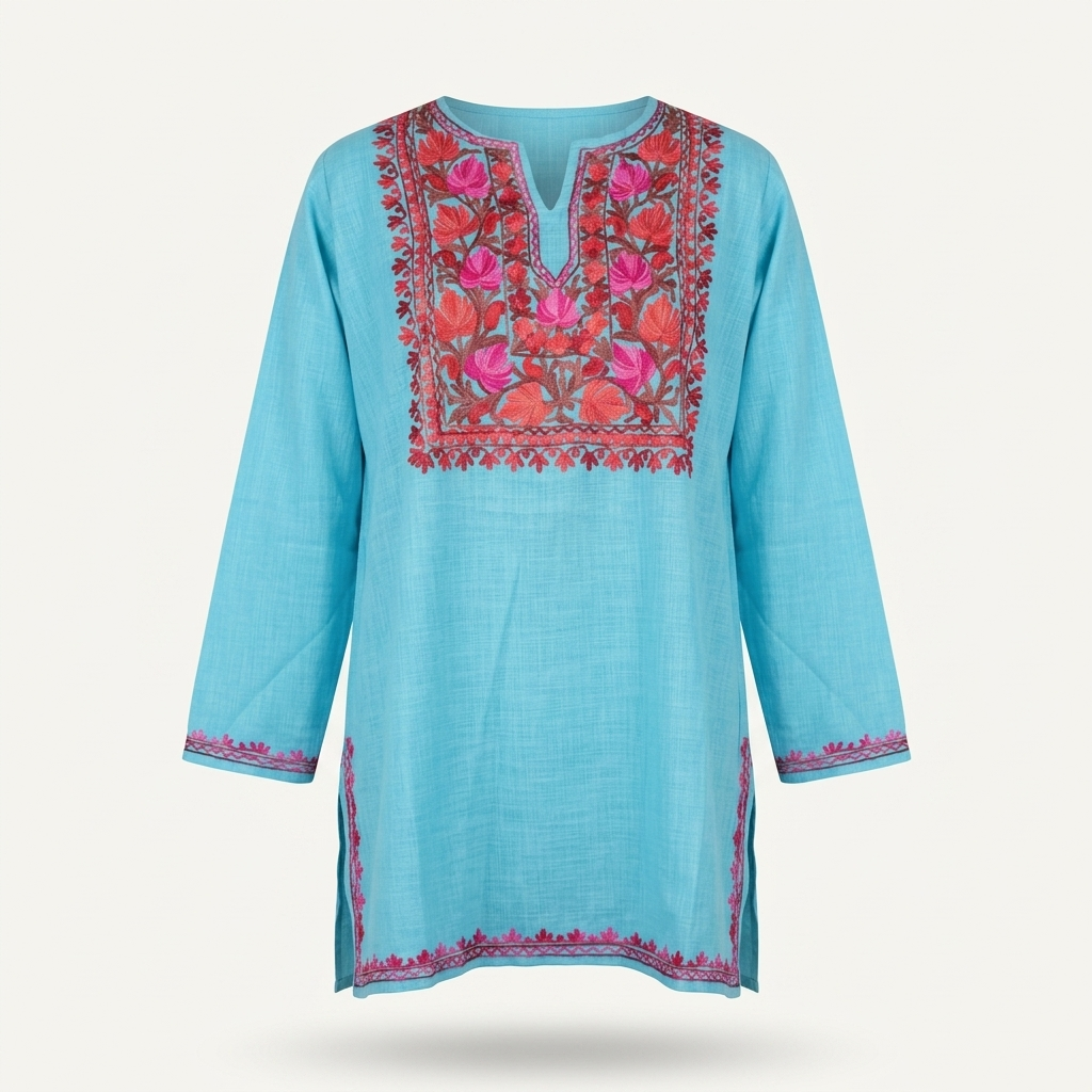 Sky Blue Kashmiri Short Kurti for Women — Machine Embroidered Designer Kurti