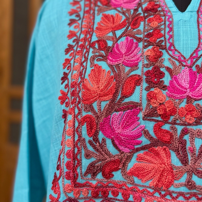 Sky Blue Kashmiri Short Kurti for Women — Machine Embroidered Designer Kurti