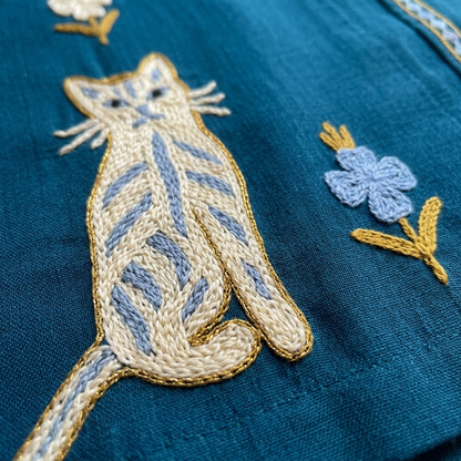 Teal Blue Kashmiri Aari Cat Design Short Shrug | Machine Embroidered Open-Front