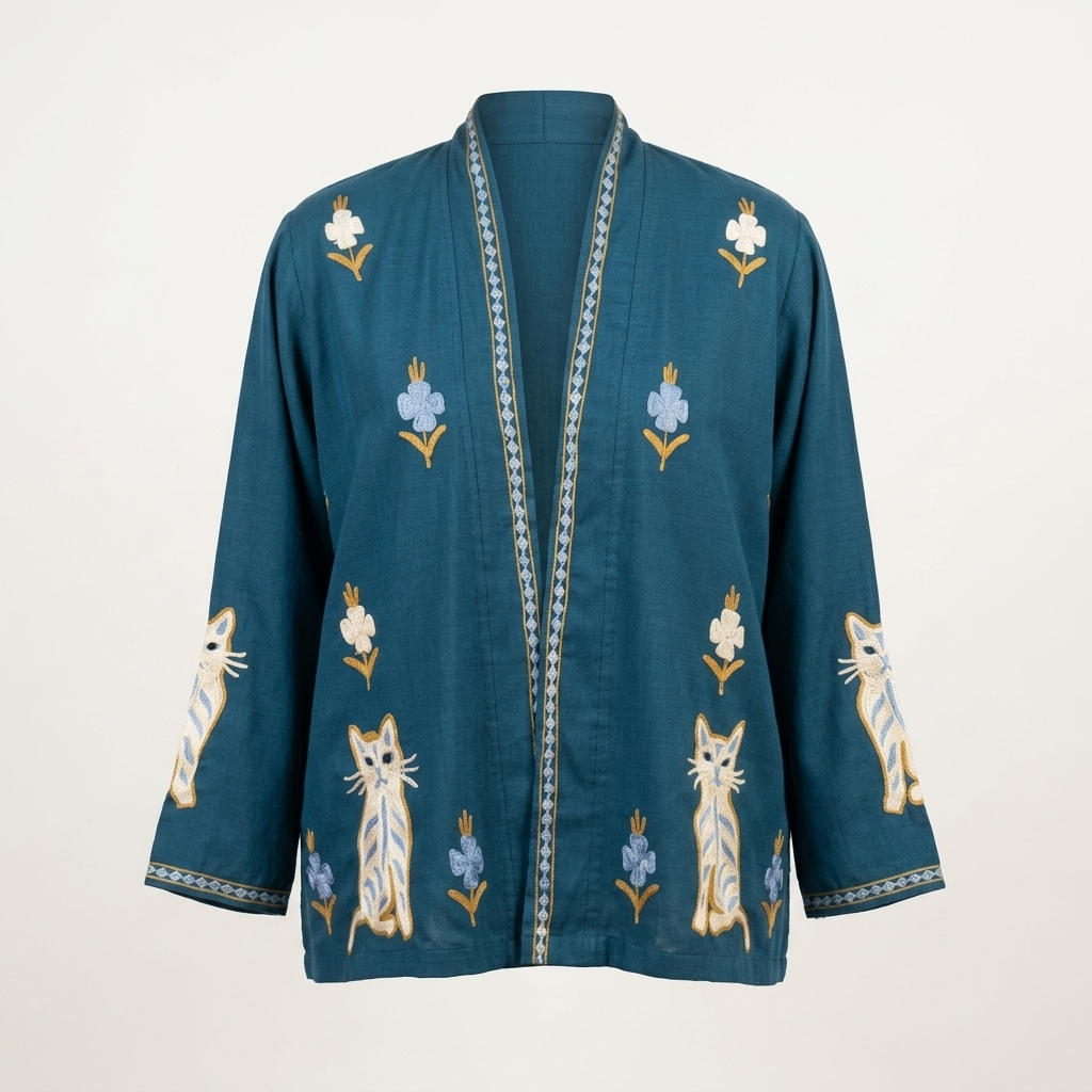 Teal Blue Kashmiri Aari Cat Design Short Shrug | Machine Embroidered Open-Front