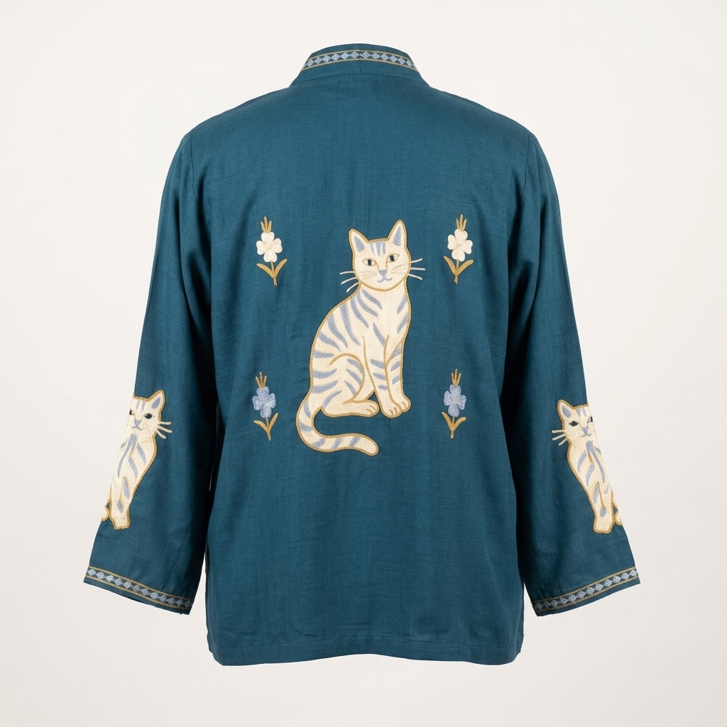 Teal Blue Kashmiri Aari Cat Design Short Shrug | Machine Embroidered Open-Front