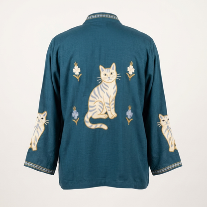Teal Blue Kashmiri Aari Cat Design Short Shrug | Machine Embroidered Open-Front