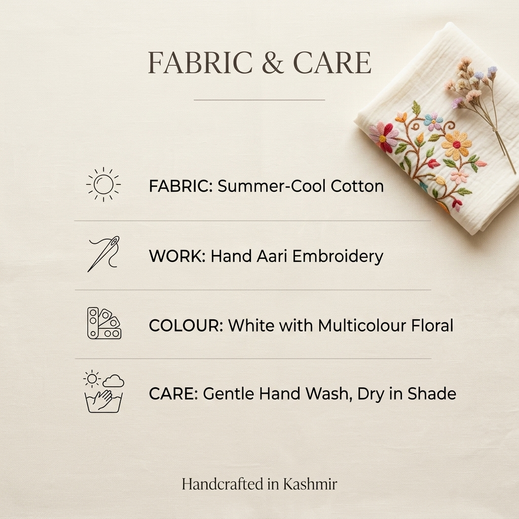 White Bloom Full Neck Kashmiri Long Kaftan for Women | Machine Embroidered
