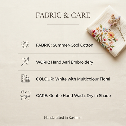 White Bloom Full Neck Kashmiri Long Kaftan for Women | Machine Embroidered