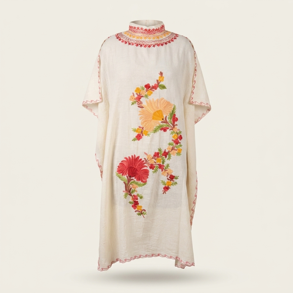 White Bloom Full Neck Kashmiri Long Kaftan for Women | Machine Embroidered