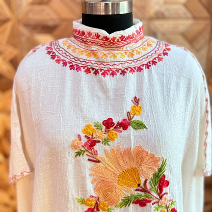 White Bloom Full Neck Kashmiri Long Kaftan for Women | Machine Embroidered