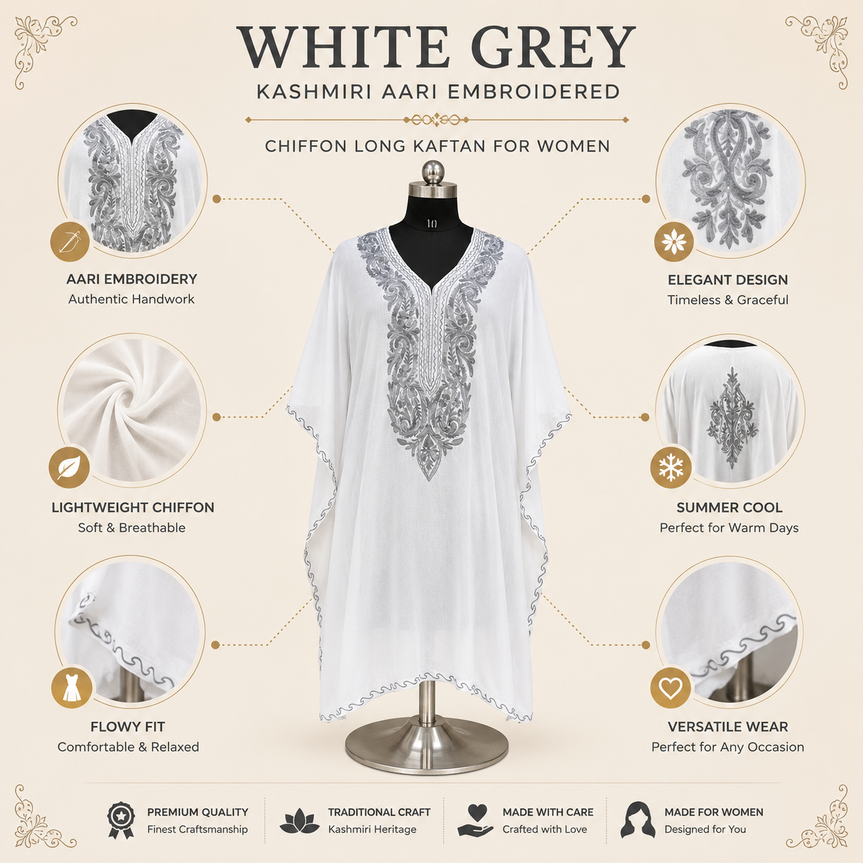 White Grey Kashmiri Chiffon Long Kaftan for Women | Machine Embroidered
