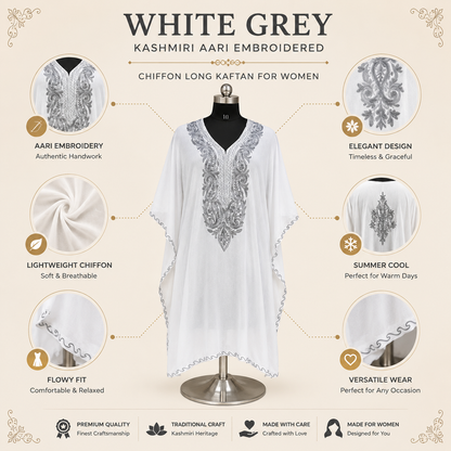 White Grey Kashmiri Chiffon Long Kaftan for Women | Machine Embroidered