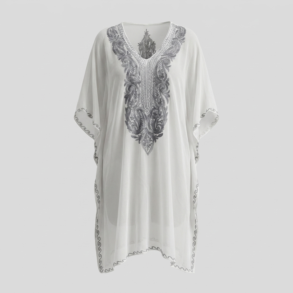 White Grey Kashmiri Chiffon Long Kaftan for Women | Machine Embroidered