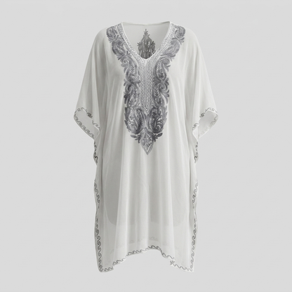 White Grey Kashmiri Chiffon Long Kaftan for Women | Machine Embroidered