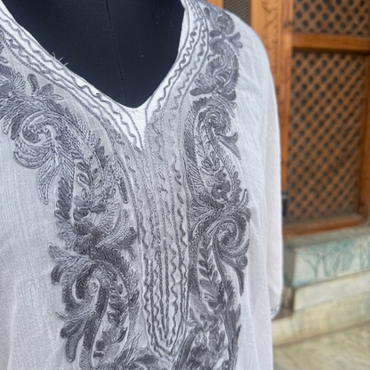 White Grey Kashmiri Chiffon Long Kaftan for Women | Machine Embroidered